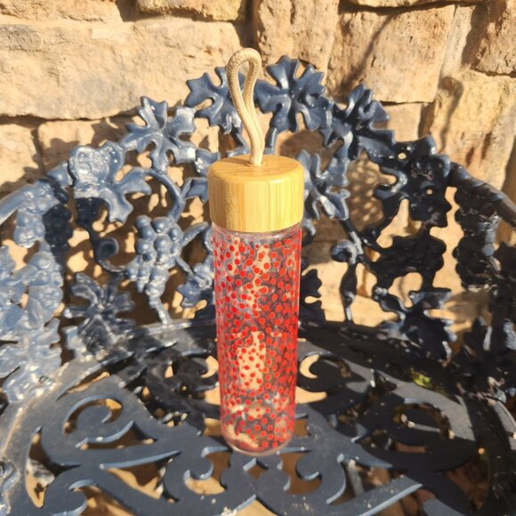 The Pioneer Woman Glass Water Bottle with Red Polka Dots 20 oz Bamboo Lid - Picture 1 of 6